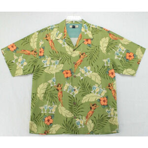Tommy Bahama Camp Shirt Men's Medium Green Hula Girl Aloha Island Hawaii Party